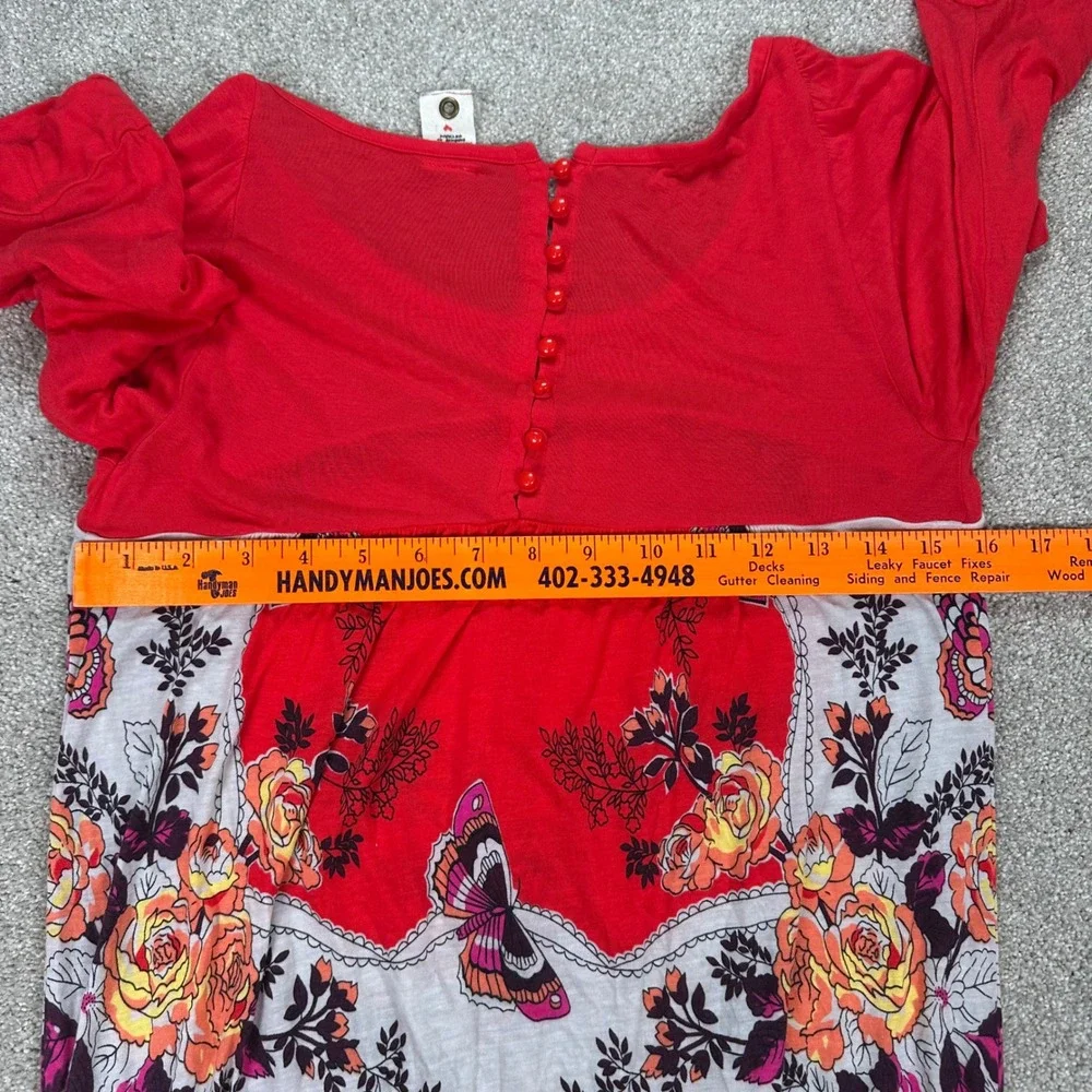 Free People Tunic Top Red Floral Butterfly 3/4 Sleeve‎ Bohemian Chic